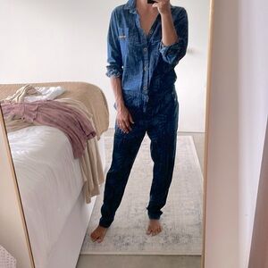 One Piece Cotton Palm Leaf Blue Boiler Suit